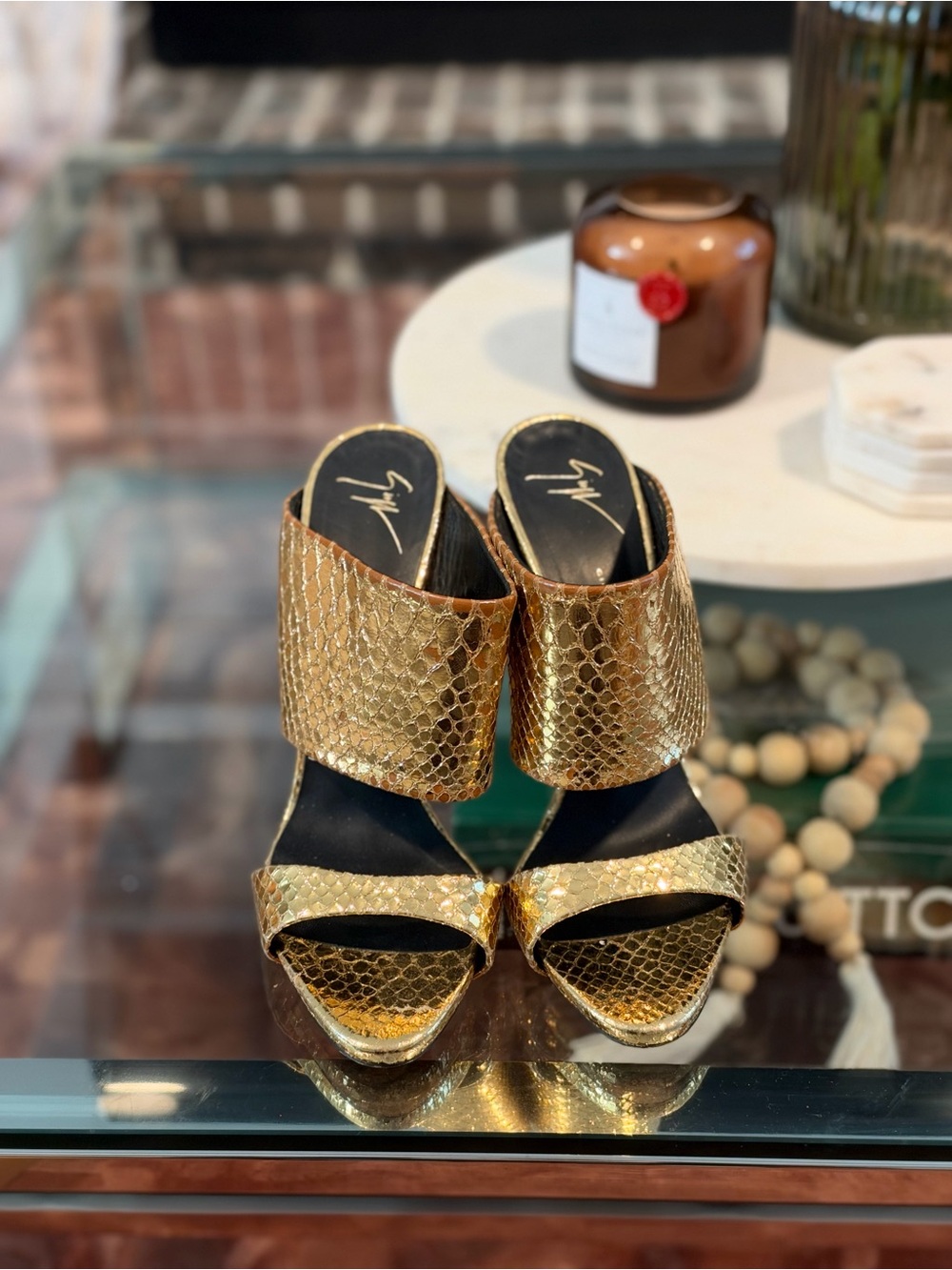 Giuseppe Zanotti Gold Metallic Snake-Texture Mules, sz 42